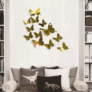 12шт ПВХ бабочка 3D зеркало съемный стикер стены наклейка DIY искусство домашнего декора золотистый