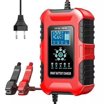 12 В 10 А 24 В 5 А интеллектуальное зарядное устройство для аккумуляторов с ЖК-цифровым дисплеем для свинцово-кислотных LiFePO4 GM GEL импульсный ремонт зарядка аккумуляторов автомобилей и мотоциклов красный