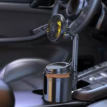 12V/24V 2 in 1 Car Fan with Light with Cup Holder Portable Vehicle Cooling Fan Adjustable Base 3 Speeds for RV Truck Office