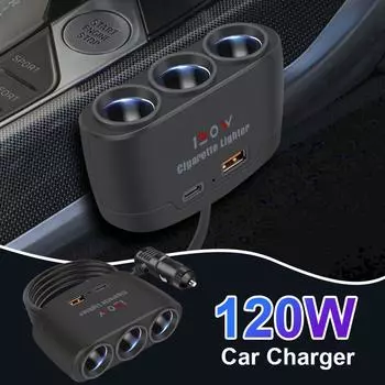 12V 24V 3 In 1 Dual USB Socket 120W Car Cigarette Lighter Splitter Fast Charger Plug Phone Power Adapter For Car DVR GPS Dashcam чёрный