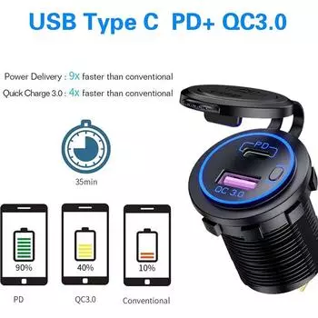12V/24V 48W PD Type C & QC3.0 USB Car Fast Charger Outlet with ON/Off Switch Waterproof DIY Car Socket for Car Boat RV красный