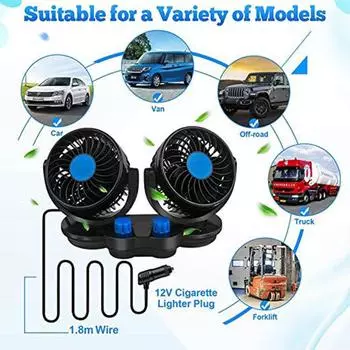 12V 24V Car Fan Dual Head Cooling Fans 360° Adjustable Automobile Air Fan Pure copper motor Low Noise Vehicle Fan Accessories