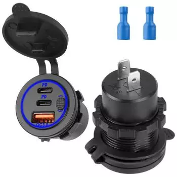 12V 24V Dual PD Type-C Port QC 3.0 75W Outlet with Switch USB Charger Socket Power Adapter Outlet for Car Truck Boat Waterproof красный