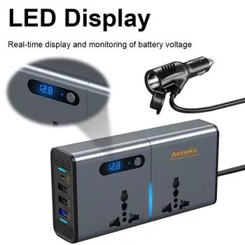 12V/24V To AC 220V Auto Converter Type-C USB Fast Charging Charger Socket Digital Display Multi-function Socket Converter QC3.0 12v