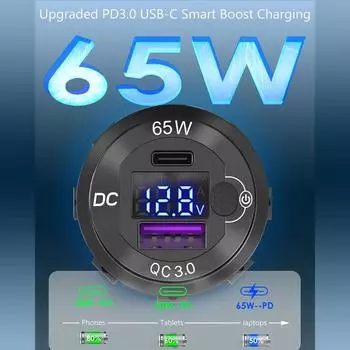 12V/24V USB C Car Charger 83W Fast Charging 65W PD3.0 & 18W QC3.0 LED Digital Display & Power Switch for Car RV ATV Motorcycle синий