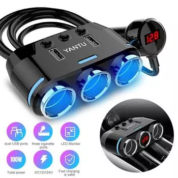 12V 3-Way Car Cigarette Lighter Socket Splitter Plug Lighter Car Cigar USB LED Display Charger Adapter Charger Universal US X0D8