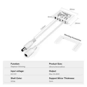 12V 5A LED Mirror Light Dimmer Switch Capacitive CCT Dimmable Touch Sensor Switch For Bathroom Mirror Light Backlight Decoration DC12V-24V белый