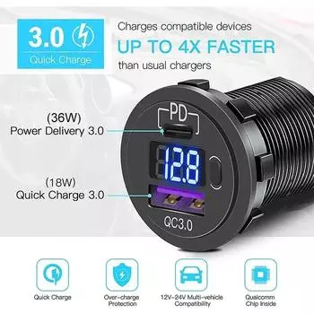 12V Car Fast Charger Power Socket QC3.0 and PD USB Port Car Charger Adapter with LED Voltmeter and On/Off Switch CHINA