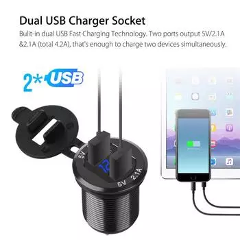 12V Двойной USB-порт 4.2A Автомобильный прикуриватель Зарядное гнездо Светодиодный цифровой вольтметр Алюминий