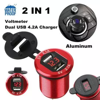 12V Двойной USB-порт 4.2A Автомобильный прикуриватель Зарядное гнездо Светодиодный цифровой вольтметр Алюминий