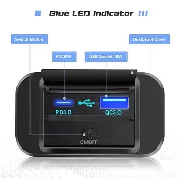 12V RV USB Outlet 48W PD3.0 Type-C & QC3.0 USB-A Port Panel Mount Car USB Charger Socket Adapter for Car Marine Boat Motorcycle