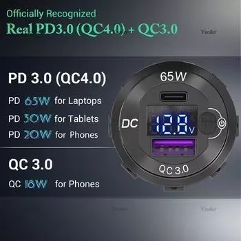 12V USB C Panel Socket 4 in 1 PD QC3.0 Fast Charger w/ Rocker Switch Car Cigarette Lighter Digital Voltmeter for Car Boat Truck