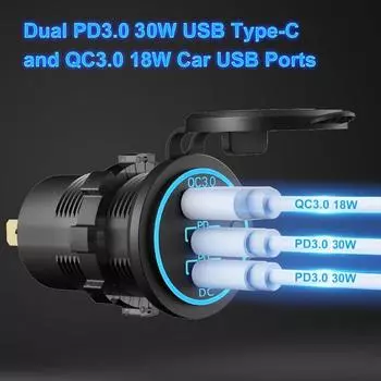 12V USB Socket Panel Quick Charge 3.0 Dual PD USB Car Charger Socket Outlet Cigarette Lighter Adapter for Car Boat RV Motorcycle
