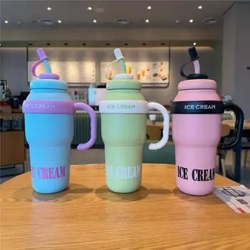 1300ml Large Capacity Cute Cartoon Vacuum Cup With Handle Straw Portable Outdoors Sports Students Good-looking Seal Water Bottle 1300ml