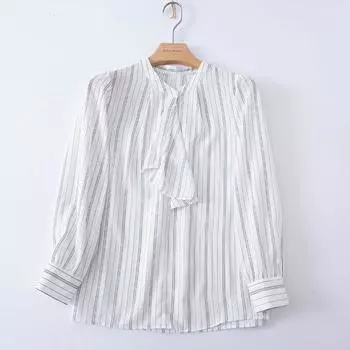130-Day Order Bows Shoelace Loose Elegant Pullover Intellectual Long Sleeves Shirt Vertical stripes L