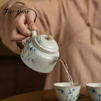130 мл античный синий и белый керамический чайник, ручная роспись, бамбуковый горшок с листьями, маленькая емкость, ледяной стол, глазурь, чайник, чайный набор кунг-фу 12.2X7.4CM 130ML