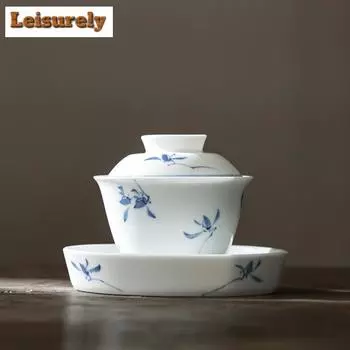 130 мл чистая расписанная вручную бабочка орхидея гайвань старинный саньцай белый фарфор чай супница крышка для заваривания чая чаша чайный сервиз орнамент