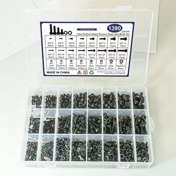 1390 шт. черный класс 12.9 цилиндрическая головка внутренний шестигранник с плоской шайбой набор гаек винт с чашечной головкой коробка 1390Pcs cylindrical head hexagon set