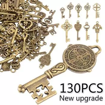 13/40/130 шт. антикварный бронзовый ключ-скелетон с подвеской в форме сердца и бантом, набор в стиле стимпанк 130pcs