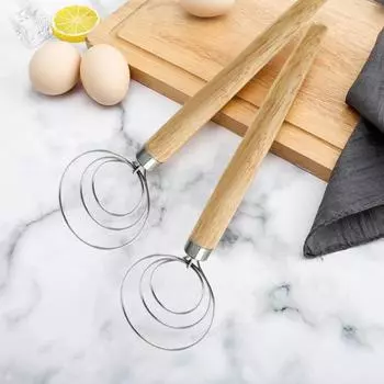 13 дюймов датский венчик для теста, миксер для муки из нержавеющей стали, пищевое кольцо, венчик для теста, деревянная ручка, венчик для яиц, инструмент для выпечки светло-коричневого
