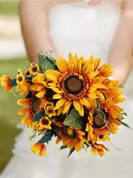 13 головок, 49 см, шелковые подсолнухи, искусственные цветы, цветочная композиция для свадебного декора, композиция для детского душа, центральные части стола, уличный декор в помещении жёлтый