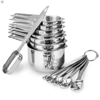 13 Pc Stainless Steel Measuring Cups and Spoons Set Deluxe Premium Stackable Tablespoons Home Tools Kitchen Accessories Portable темно-серого