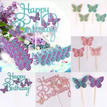 13 шт. 3D топперы для кексов, детский душ, двухслойный десертный декор, топпер для торта, розовая бабочка зелёный/золотой