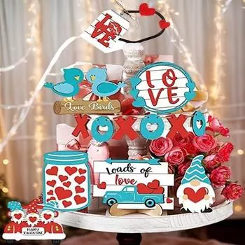 13 шт./компл. ко Дню святого Валентина, многоярусный поднос, украшение в виде неразлучника, гнома, грузовика, банки, буквы, деревянный знак для стола, деревенский фермерский настольный многоярусный поднос, украшение 1 Set