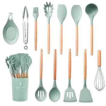 13 шт. силиконовая кухонная утварь с деревянной ручкой и ведром для хранения, термостойкая и антипригарная кастрюля, лопатка, ложка белый
