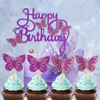 13pcs Glitter Butterfly Cake Toppers Happy Birthday Cake Topper Purple Pink Butterfly Decoration Girls Birthday Cake Decor
