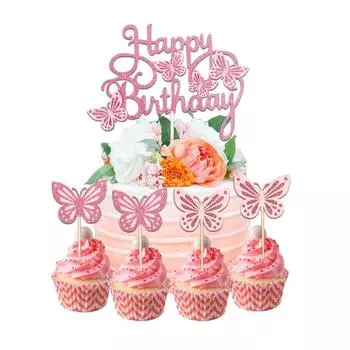13pcs Pink Butterfly Cupcake Toppers Happy Birthday Cake Decorations Girls Birthday Party Decorations Baby Shower Supplies