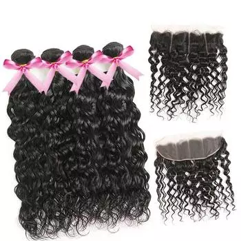 13x4 Застежка 100% натуральные пучки человеческих волос с естественной волной воды и кружевной фронтальной застежкой