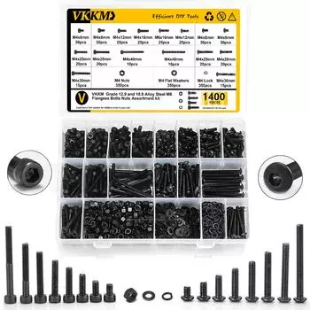 Комплект из 1400 черных винтов с полукруглой головкой и шестигранной головкой, шайб и гаек.
