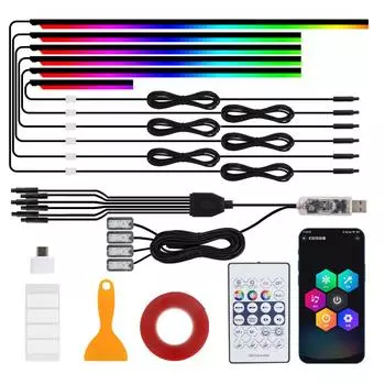 140/55,1-дюймовая автомобильная подсветка 1/6/10 в 1 универсальная светодиодная симфоническая RGB атмосферная лампа с пультом дистанционного управления с USB-приложением для автомобильных аксессуаров Tesla 216 colors