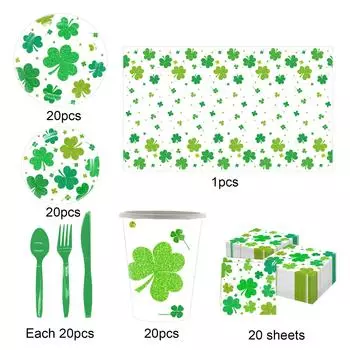 140 шт. СТ. Украшения для вечеринки в честь Дня Святого Патрика Зеленые бумажные тарелки и салфетки Ирландские праздничные принадлежности Набор столовых приборов для праздничной вечеринки One Size зелёный