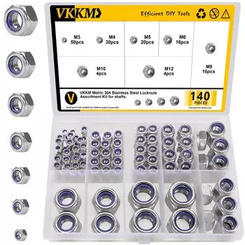 140 stainless steel metric nylon lock nuts, 7 models M3-M12 nut combination kit