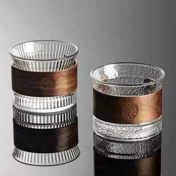 140ml Wooden Coaster Japanese Tea Coffee Cup Heat Resistant Hammer Pattern Glass Tea Cup Coffeeware Cute Tea Mugs 140ml