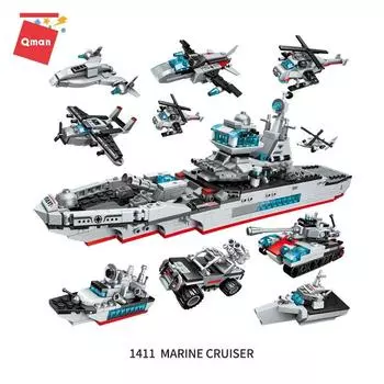 1411 NAVY Cruiser Warship Helicopter Fighter Car Military Tank Model DIY Building Blocks Sets Educational Toys for Children