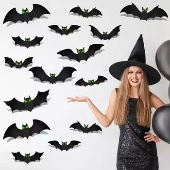 144 Pcs Halloween Bat Wall Sticker 3D Bat Wall Clings with Glowing Eyes