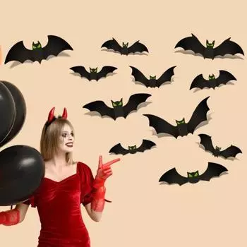 144 шт. Наклейка на стену в виде летучей мыши на Хэллоуин, 3D-наклейка на стену в виде летучей мыши со светящимися глазами для вечеринки в честь Хэллоуина, ванной, кухни, дома, окна, двери 1 Set