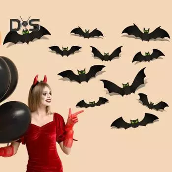 144 шт. Наклейка на стену в виде летучей мыши на Хэллоуин, 3D-наклейка на стену в виде летучей мыши со светящимися глазами для вечеринки в честь Хэллоуина, ванной, кухни, дома, окна, двери 1 Set