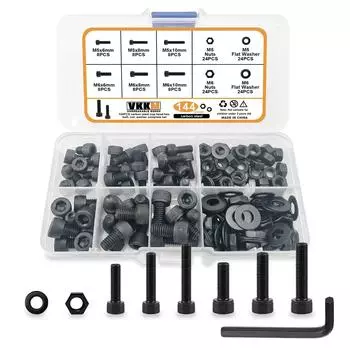 144Pcs Black Cylindrical Head Screws M5-M6 Hex Bolt Nut Washer Kit, Full Thread, Allen Drive, Ideal for DIY/Projects