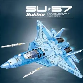 1456 шт. SU-57 истребитель-невидимка, строительные блоки, модель самолета ВВС России, кирпичи, игрушки, настольный дисплей, игрушки для мальчиков, подарки для детей синий/чёрный