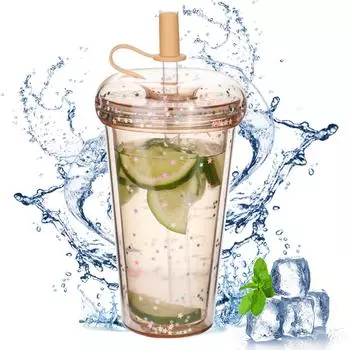 14,8 унций Star Clear Tumbler с трубочкой многоразовая прозрачная двухслойная бутылка для воды для кофе, молока, смузи, чашка, напиток, зеленый серый