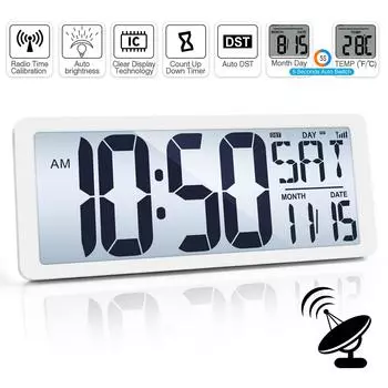 14-дюймовые цифровые настенные часы с большими цифрами, показывающими температуру в помещении и дату, для удобства чтения A