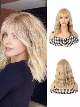 14-дюймовые льняные парики длиной до плеч с золотистой волной для женщин и девочек, вечеринок, хэллоуина, рождественских музыкальных фестивалей и повседневного использования 14inch