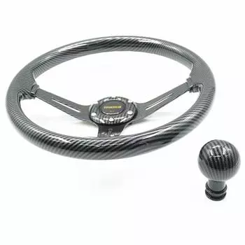 14-дюймовый руль из красного дерева ABS Carbon Grain для модификации автомобиля - глубоко вогнутый круглый руль Drift - 350 мм Shift knob