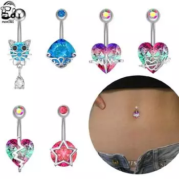 14 г сердце перевернутое кольцо для пупка красочные кристаллы с цирконом висячие кошачьи кольца в пупке хирургическая сталь украшения для тела пирсинг