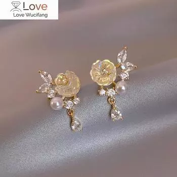 14 К позолота корейские модные украшения капли воды циркон кулон серьги с цветами милые подарки для девочек женские повседневные рабочие серьги белый