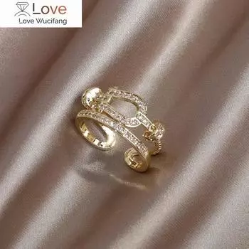 14-каратное настоящее золотое покрытие изысканное кольцо с геометрией AAA циркония двойное элегантное женское свадебное вечернее регулируемое кольцо Resizable белый